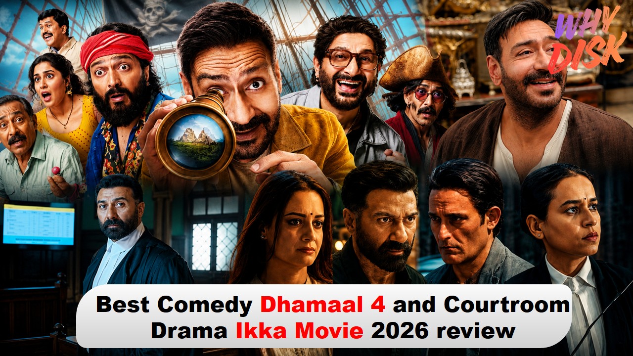 Collage featuring Dhamaal 4 comedy scenes and Ikka courtroom drama scenes in a 2026 Bollywood movie review comparison, highlighting cast performances and key moments.