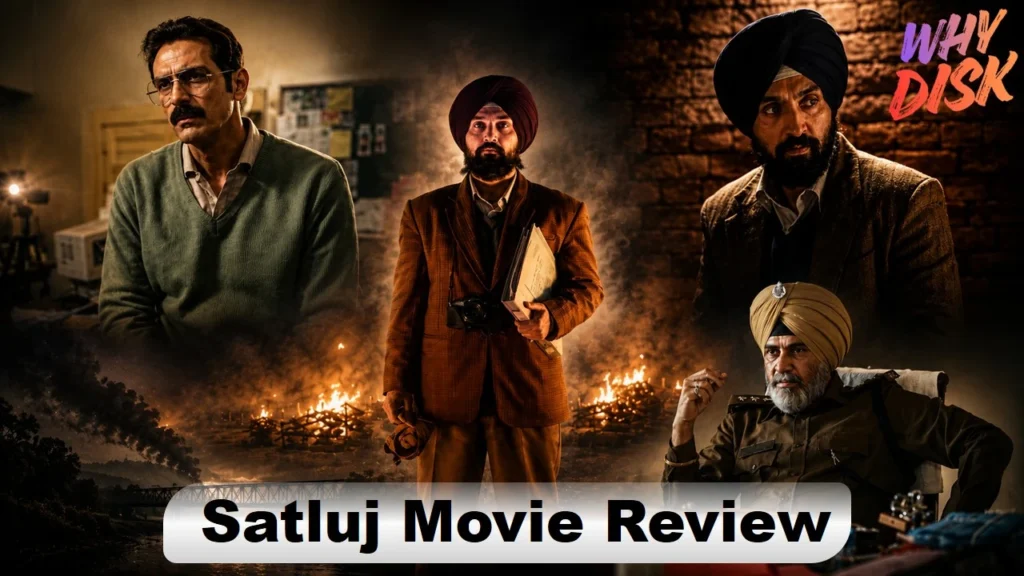 Satluj movie review thumbnail showcasing main characters in a cinematic collage with dramatic lighting.